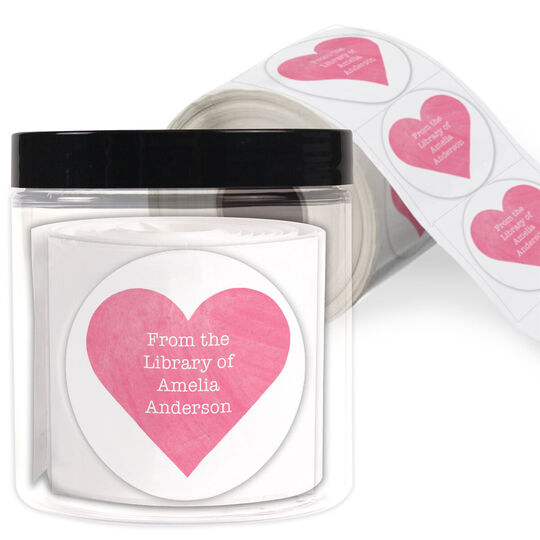 Pink Watercolor Heart Library Round Stickers in a Jar
